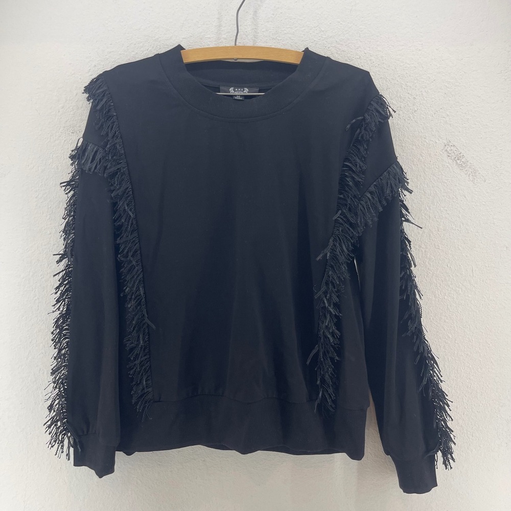 AZI New York‎ Black Fringed Sweatshirt Pullover Womens M Whimsigoth Avant Garde